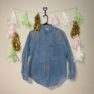 Monique Fashions Vintage Star Rhinestones Embellished Denim Button Down
